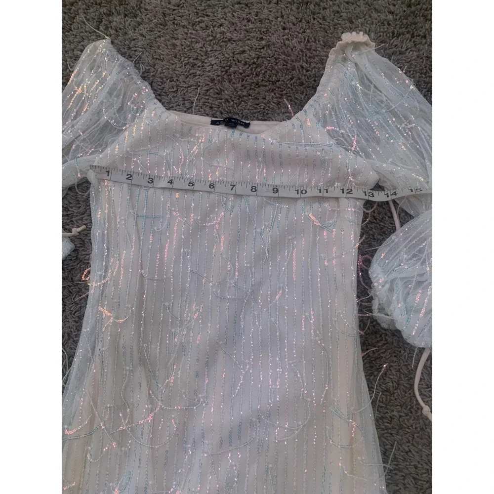 As U Wish Ivory Sequin Fringe Mini Dress Square Neck Puff Sleeve XS A66869E07 - Picture 2 of 7